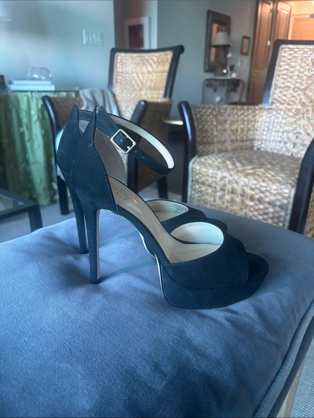 Jessica Simpson Sohilea Black Suede Platform Peep-Toe Ankle Strap Heels